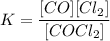 K = \dfrac{[CO][Cl_{2}]}{[COCl_{2}]}