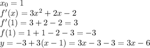 x_0=1&#10;\\f'(x)=3x^2+2x-2&#10;\\f'(1)=3+2-2=3&#10;\\f(1)=1+1-2-3=-3&#10;\\y=-3+3(x-1)=3x-3-3=3x-6