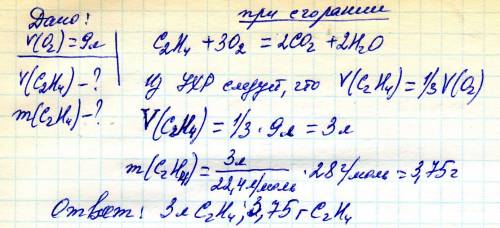 Какой объем и масса этена окислилась,если было израсходовано 9 л кислорода