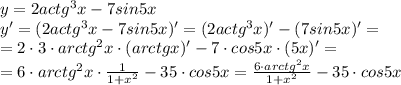 y=2actg^3x-7sin5x\\&#10;y'=(2actg^3x-7sin5x)'=(2actg^3x)'-(7sin5x)'=\\&#10;=2\cdot3\cdot arctg^2x\cdot(arctgx)'-7\cdot cos5x\cdot(5x)'=\\&#10;=6\cdot arctg^2x\cdot \frac{1}{1+x^2} -35\cdot cos5x=\frac{6\cdot arctg^2x}{1+x^2} -35\cdot cos5x&#10;&#10;