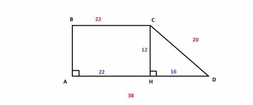 Основания прямоугольный трапеции 22см и 38см, а большая боковая сторона 20см. найти площадь трапеции