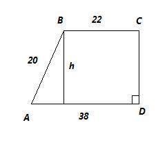 Основания прямоугольный трапеции 22см и 38см, а большая боковая сторона 20см. найти площадь трапеции