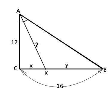 Катети прямокутного трикутника дорівнює 12 см і16 см. знайдіть довжину бісектриси трикутника, що про