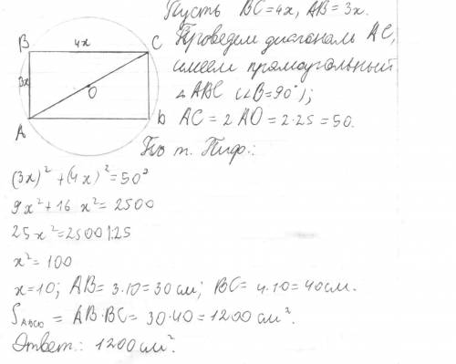 Найдите площадь прямоугольника сторонв которого относятся ка 4 и 3, а радиус описаного круга равно 2