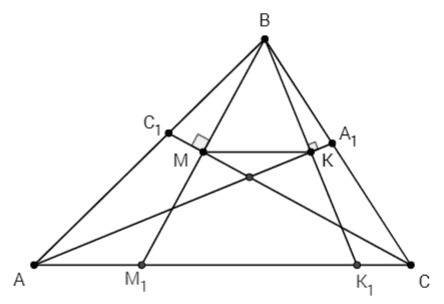 Втреугольнике со сторонами ac=14, bc=10, ab=12 проведены биссектрисы аа1 и сс1, точки к и м основани