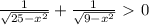\frac{1}{ \sqrt{25-x^2} } + \frac{1}{ \sqrt{9-x^2} }\ \textgreater \ 0