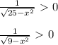 \frac{1}{ \sqrt{25-x^2} }\ \textgreater \ 0 \\ \\ \frac{1}{ \sqrt{9-x^2} } \ \textgreater \ 0