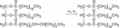 Напишите уравнение реакции гидрогенизации над катализатором сложного эфира глицерина содержащего два