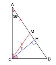 1один угол прямоугольного треугольника равен 38 градусов. найдите угол между высотой и медианой, про