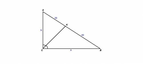 Биссектриса прямого угла прямоугольного треугольника делит гипотенузу на отрезки длинной 30 см и 40
