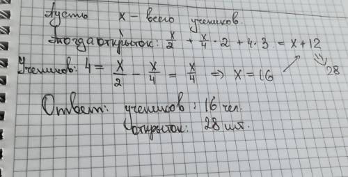 Решить ! половина учеников класса купила по открытке, половина остальных учеников - по 2 открытки.ос