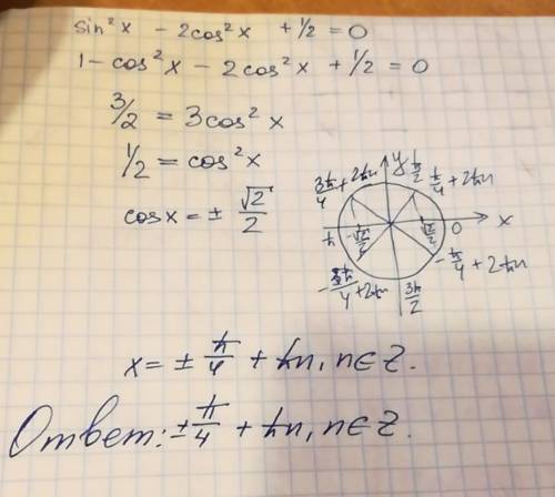 Sin^x-2cos^x+1/2=0. ^- это квадрат. как это решить?