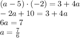 (a-5)\cdot(-2)=3+4a\\ -2a+10=3+4a\\ 6a=7\\ a= \frac{7}{6}