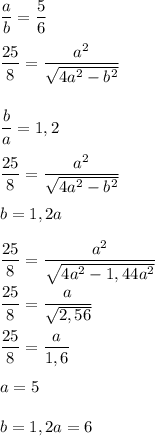 \dfrac{a}{b} = \dfrac{5}{6} \\ \\ &#10;\dfrac{25}{8} = \dfrac{a^2}{ \sqrt{4a^2 - b^2} } \\ \\ \\&#10; \dfrac{b}{a} = 1,2 \\ \\ &#10;\dfrac{25}{8} = \dfrac{a^2}{ \sqrt{4a^2 - b^2} } \\ \\ &#10;b = 1,2a \\ \\ &#10; \dfrac{25}{8} = \dfrac{a^2}{ \sqrt{4a^2 - 1,44a^2} } \\ \\ &#10;\dfrac{25}{8} = \dfrac{a}{ \sqrt{2,56} } \\ \\ &#10;\dfrac{25}{8} = \dfrac{a}{1,6} \\ \\ &#10;a = 5 \\ \\ &#10;b = 1,2a = 6