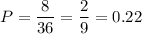 P= \dfrac{8}{36} = \dfrac{2}{9} =0.22