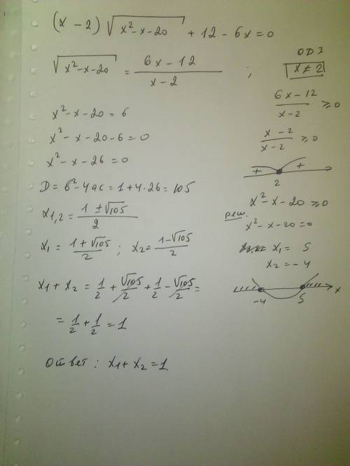 Найдите сумму действительных корней уравнения: (x-2)корень(x^2-x-20)+12-6x=0