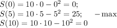 S(0)=10\cdot0-0^2=0;\\ S(5)=10\cdot5-5^2=25;\,\,\,\,\,\,\,\, -\max\\ S(10)=10\cdot10-10^2=0