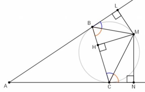 Вострый угол bac вписана окружность (b и c - точки касания). на большей дуге bc отмечена точка m. к