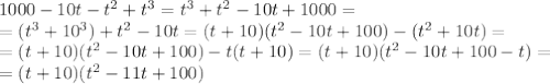 1000-10t-t^2+t^3=t^3+t^2-10t+1000=\\&#10;=(t^3+10^3)+t^2-10t=(t+10)(t^2-10t+100)-(t^2+10t)=&#10;\\=(t+10)(t^2-10t+100)-t(t+10)=(t+10)(t^2-10t+100-t)=&#10;\\=(t+10)(t^2-11t+100)