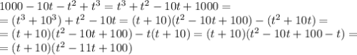 1000-10t-t^2+t^3=t^3+t^2-10t+1000=\\&#10;=(t^3+10^3)+t^2-10t=(t+10)(t^2-10t+100)-(t^2+10t)=&#10;\\=(t+10)(t^2-10t+100)-t(t+10)=(t+10)(t^2-10t+100-t)=&#10;\\=(t+10)(t^2-11t+100)&#10;
