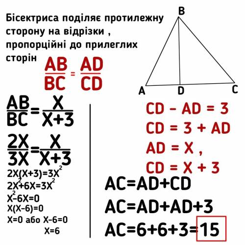 Bd-бісектриса кута в трикутника авс. знайти сторону ас, якщо ав: вс=2: 3, сd-ad=3 см
