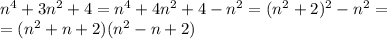 n^4+3n^2+4=n^4+4n^2+4-n^2=(n^2+2)^2-n^2=\\ =(n^2+n+2)(n^2-n+2)