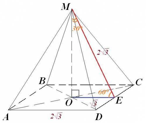 100 + лучший ответ! апофема правильной четырёхугольной пирамиды равна 2 корень из 3 и наклонена к пл