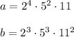 a=2^4\cdot 5^2\cdot 11\\\\b=2^3\cdot 5^3\cdot 11^2