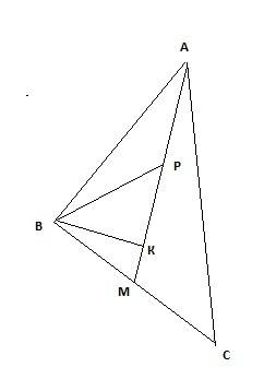 Площадь треугольника abc равна 40 см^2. на медиане am обозначили точку p так, что ap : pm = 2 : 3 .