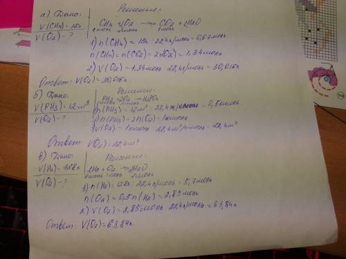 Вычислите объем кислорода, необходимый для окисления а)15л метана н4с б)12м^3 фосфина в)128л водород