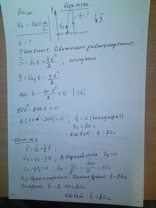 Тело брошено вертикально вверх с начальной скоростью, модуль которой v=100м/c . оно упадет на землю