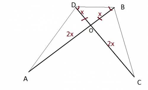 Равные отрезкт ab и сd точкой пересечения о делятся в отношении ао: ов=со: do=2: 1 а) докажите равен