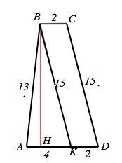 Основания трапеции равны 2 и 6 см, а боковые стороны - 13 и 15 см. найдите площадь трапеции