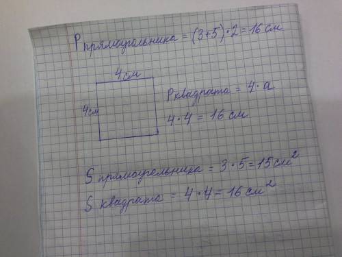 Начертите квадрат периметр которого равен периметру прямоугольника со сторонами 3 см и 5 см . найдит