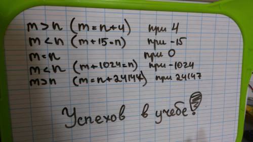 Сравните числа m и n ,учитывая, что разность m и n ровная: 4, -15,0,-1024,24147