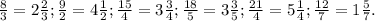 \frac{8}{3} =2 \frac{2}{3};&#10; \frac{9}{2} =4 \frac{1}{2};&#10;\frac{15}{4}=3 \frac{3}{4} ;&#10; \frac{18}{5} =3 \frac{3}{5} ;&#10; \frac{21}{4} =5 \frac{1}{4} ;&#10; \frac{12}{7} =1 \frac{5}{7} .&#10;&#10;