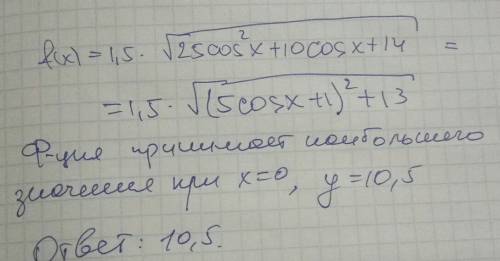 Найдите наибольшее целое значение функции f(x)=1,5*√(25*cos^2 +10*cos x + 14)