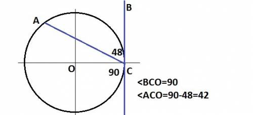 Через точку с окружности с центром о проведена касательная cb и хорда ca, угол асв=48 градусов . най