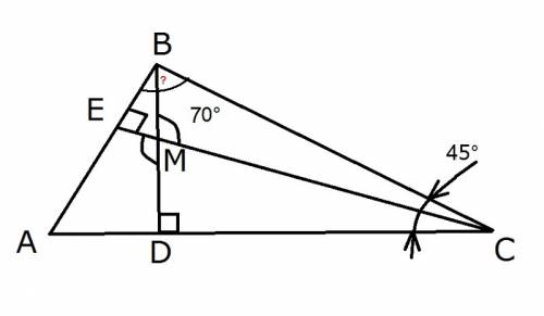 1. висоти bd і ce трикутника abc перетинаються в точці м .здайдіть кут abc, якщо кут acb=45°, кут bm