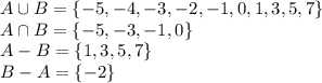 A\cup B=\{-5,-4,-3,-2,-1,0,1,3,5,7\}\\&#10;A\cap B=\{-5,-3,-1,0\}\\&#10;A-B=\{1,3,5,7\}\\&#10;B-A=\{-2\}