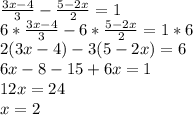 \frac{3x-4}{3}- \frac{5-2x}{2}=1\\ 6* \frac{3x-4}{3} -6* \frac{5-2x}{2}=1*6\\ 2(3x-4)-3(5-2x)=6\\ 6x-8-15+6x=1\\ 12x=24\\ x=2