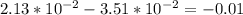 2.13*10^{-2} - 3.51*10^{-2}=-0.01