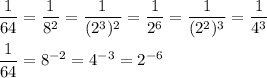 \displaystyle \frac{1}{64}= \frac{1}{8^2}= \frac{1}{(2^3)^2}= \frac{1}{2^6}= \frac{1}{(2^2)^3}= \frac{1}{4^3} \\\\ \frac{1}{64}=8^{-2}=4^{-3}=2^{-6}