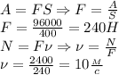 A=FS\Rightarrow F= \frac{A}{S}\\&#10;F= \frac{96000}{400}=240H\\&#10;N=F\nu\Rightarrow \nu= \frac{N}{F}\\&#10;\nu= \frac{2400}{240}=10 \frac{_M}{c}