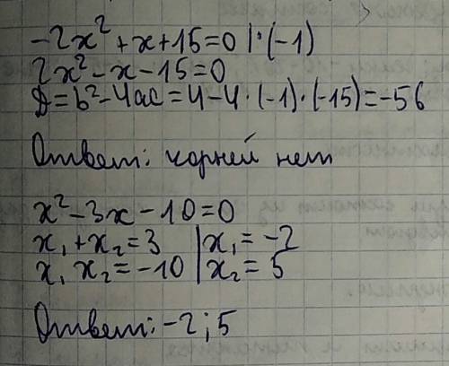 Найдите корни квадратного трёхчлена -2x^2+x+15 x^2-3x-10