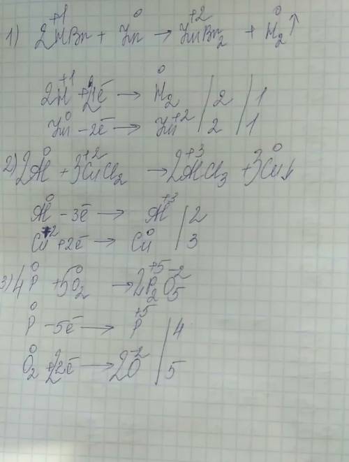 Разобрать методом электронного : 1) hbr + zn -> znbr2 + h2 2)al + cucl2 -> alcl3 + cu 3)p + o2