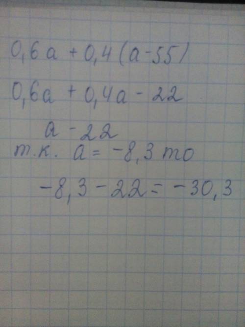 Выражение и найдите его значение 0,6а+0,4(а-55) при а=-8,3