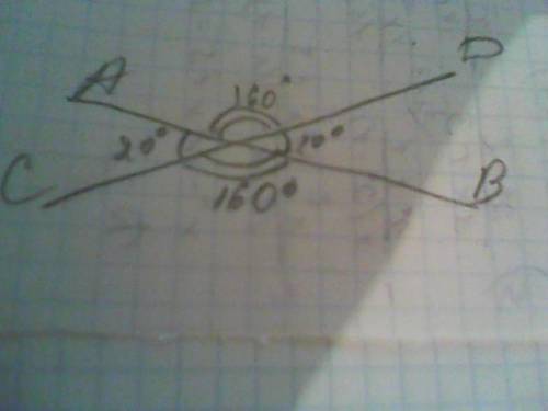 Один из углов, образовавшихся при пересечении двух прямых, равен 20 градусов. найдите остальные три