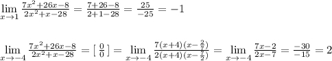 \lim\limits _{x \to 1} \frac{7x^2+26x-8}{2x^2+x-28} =\frac{7+26-8}{2+1-28}= \frac{25}{-25} =-1\\\\\\ \lim\limits _{x \to -4} \frac{7x^2+26x-8}{2x^2+x-28}=[\, \frac{0}{0} \, ]= \lim\limits _{x \to -4} \frac{7(x+4)(x-\frac{2}{7})}{2(x+4)(x-\frac{7}{2})} = \lim\limits _{x \to -4} \frac{7x-2}{2x-7}=\frac{-30}{-15}=2