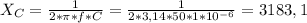 X_{C}=\frac{1}{2*\pi *f*C} =\frac{1}{2*3,14*50*1*10^{-6} } =3183,1